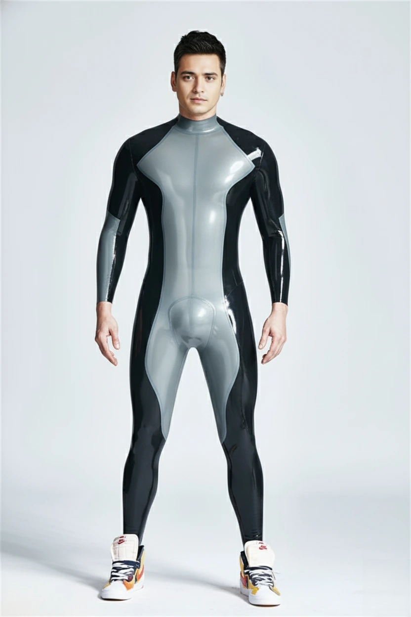 Latex Men’s Two-Colour Catsuit with Zig-Zag Wing Panels and Front Pouch – Metallic Silver and Black