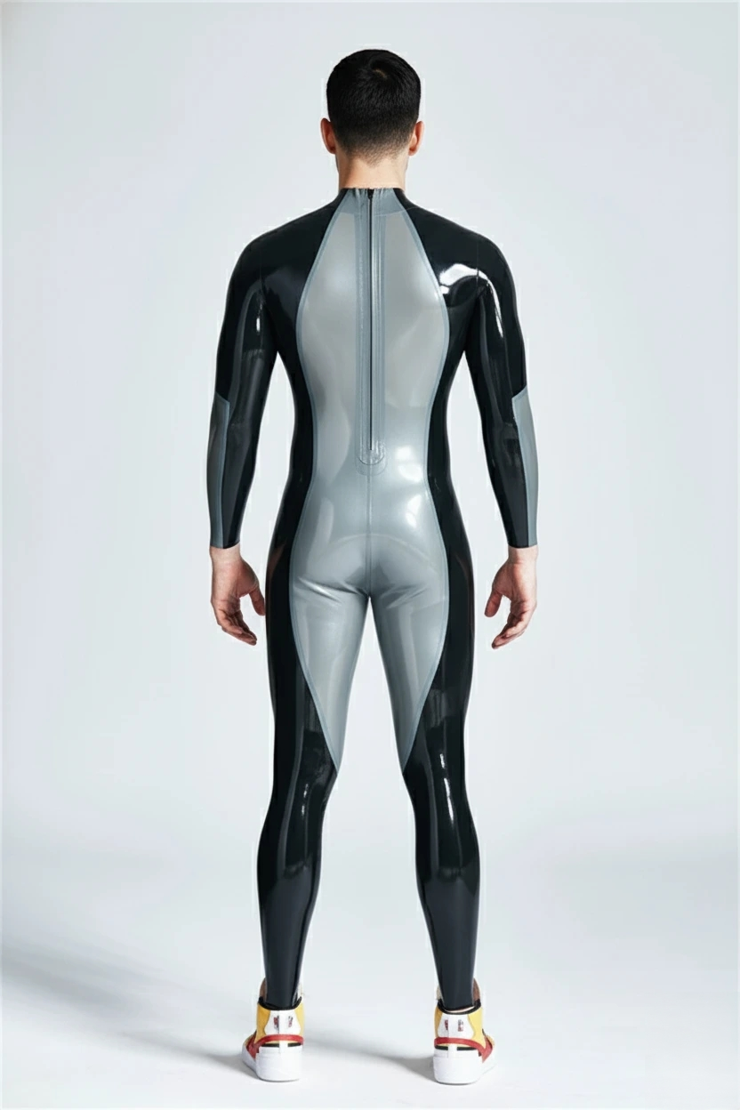 Latex Men’s Two-Colour Catsuit with Zig-Zag Wing Panels and Front Pouch – Metallic Silver and Black