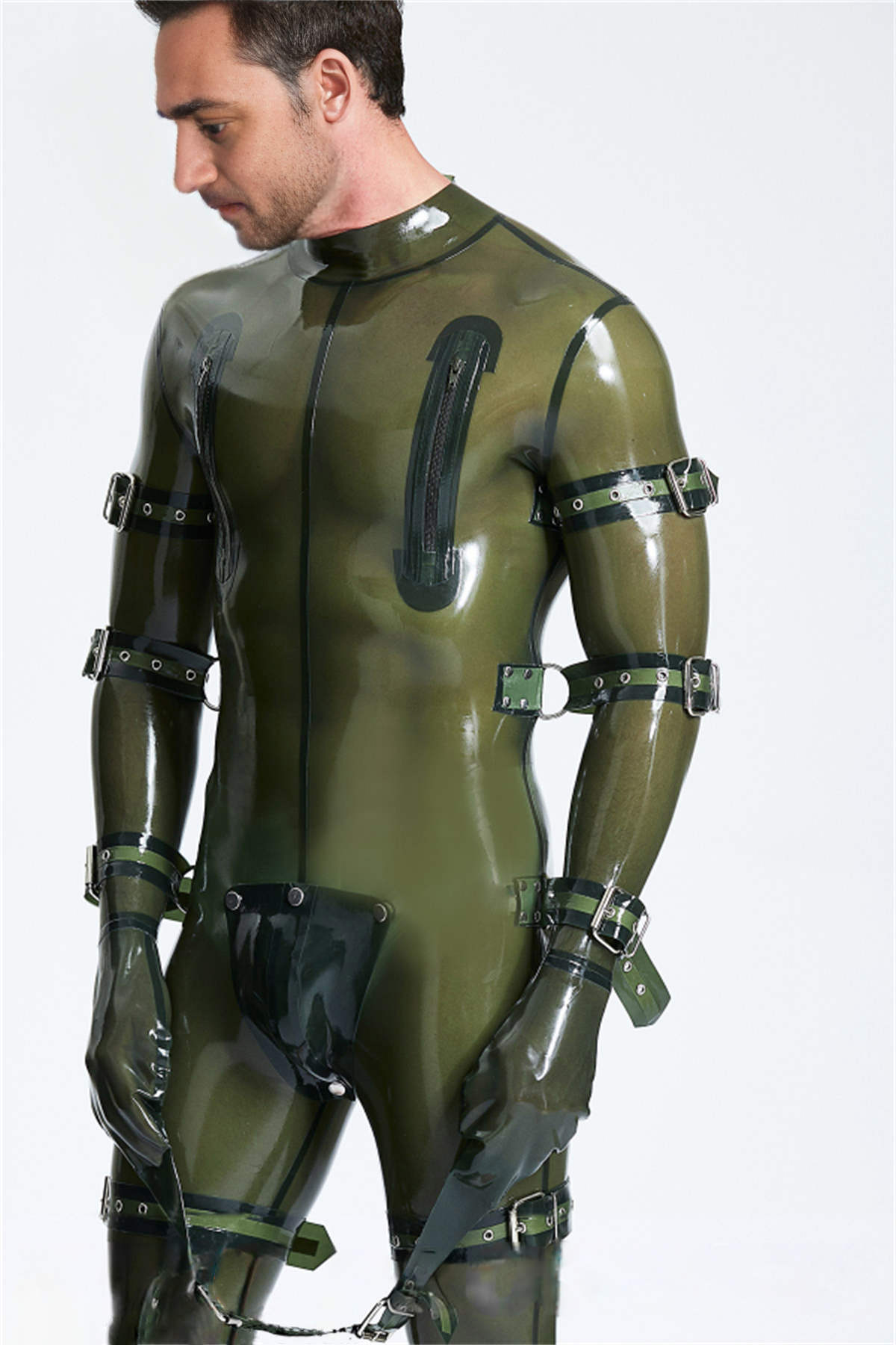 Latex Men’s Bondage Catsuit with Straps, O-Rings and Codpiece – Translucent Olive