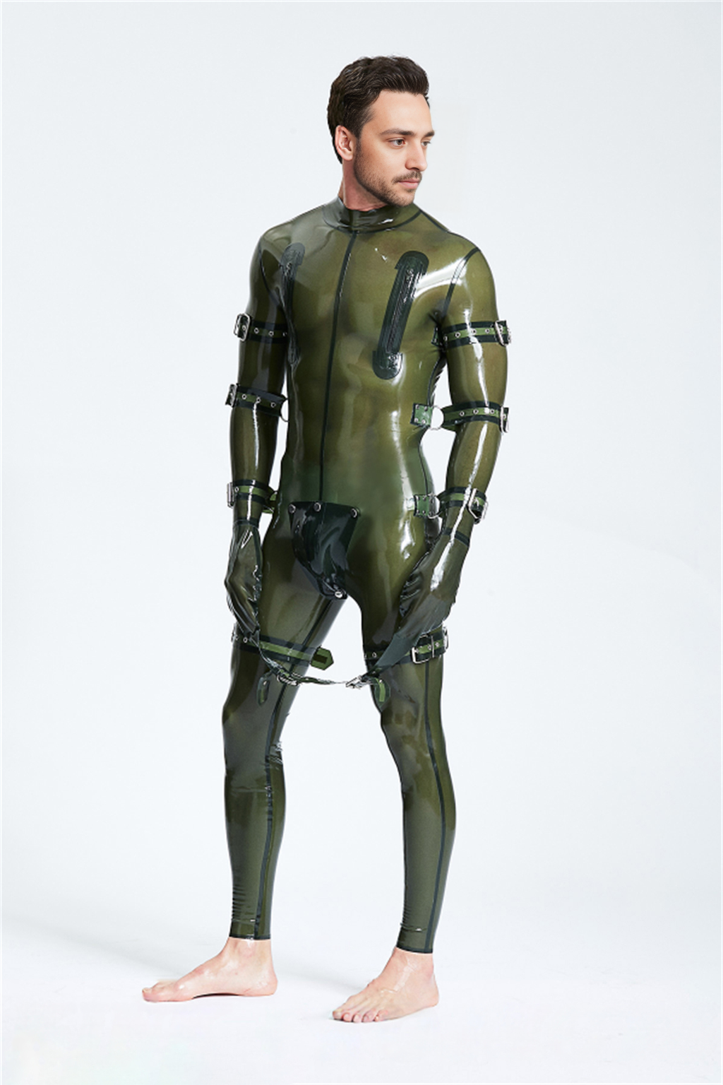 Latex Men’s Bondage Catsuit with Straps, O-Rings and Codpiece – Translucent Olive