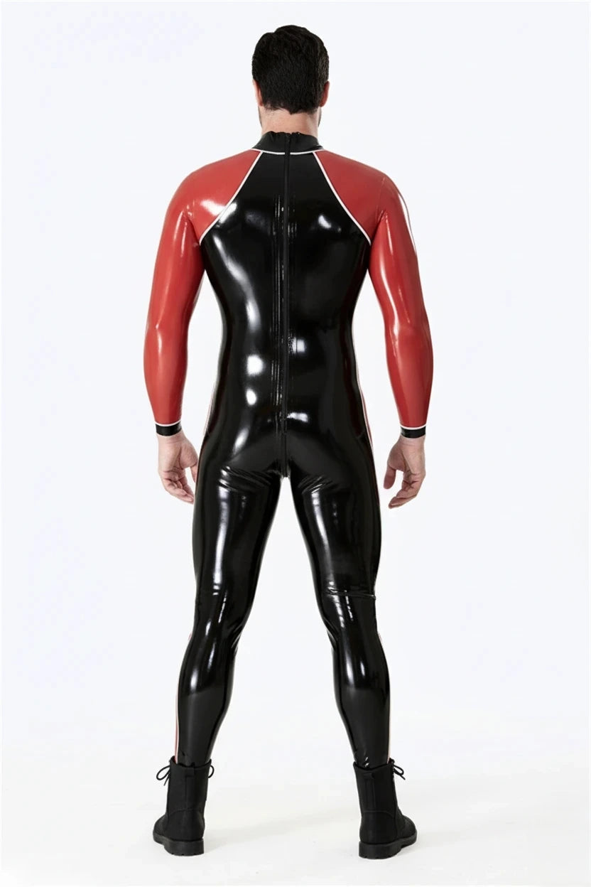 Latex Men’s Two-Colour Catsuit with Three-Runner Zip – Black, Red and White