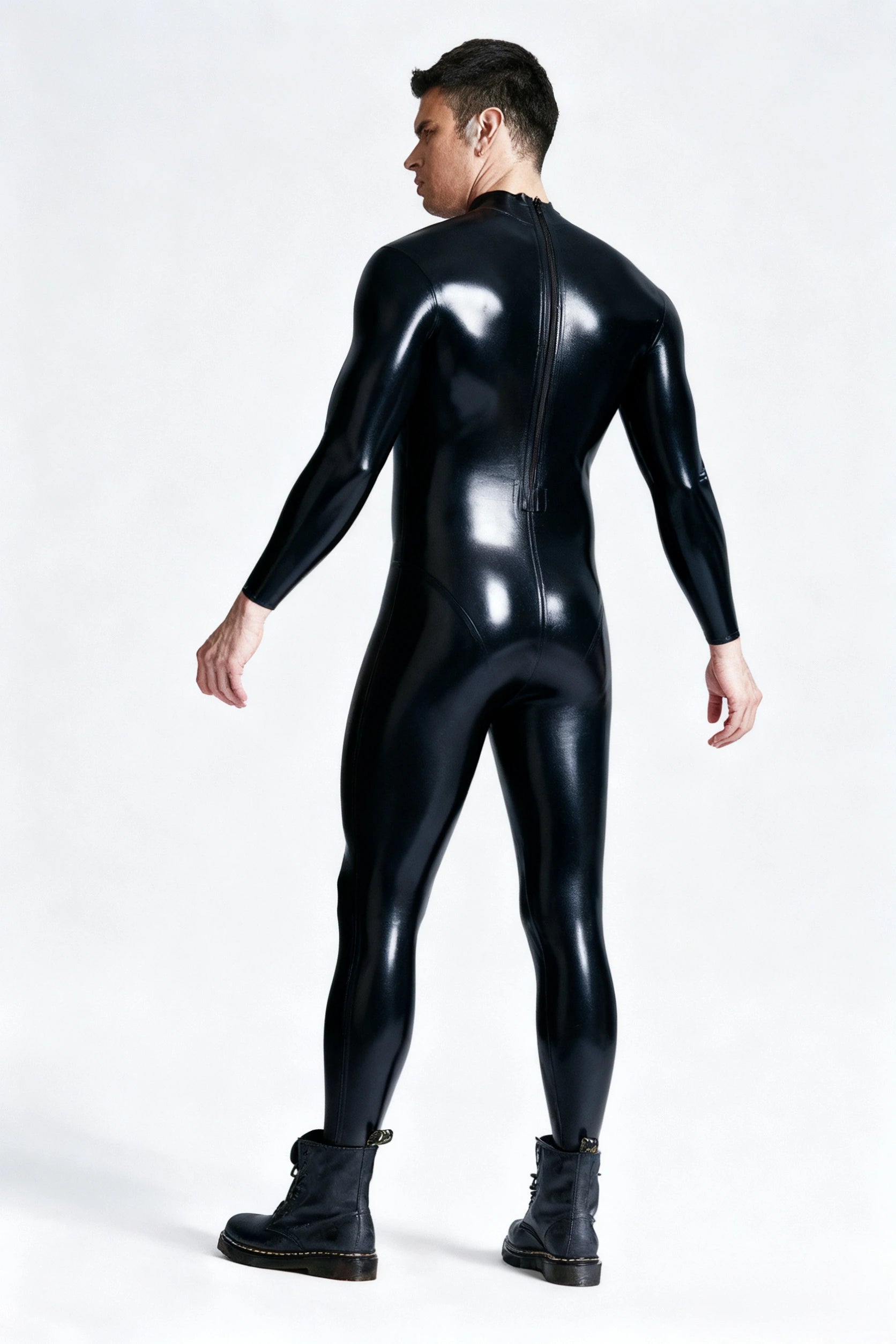 Latex Men’s Catsuit with Back Zip and Mid-Height Collar – Black
