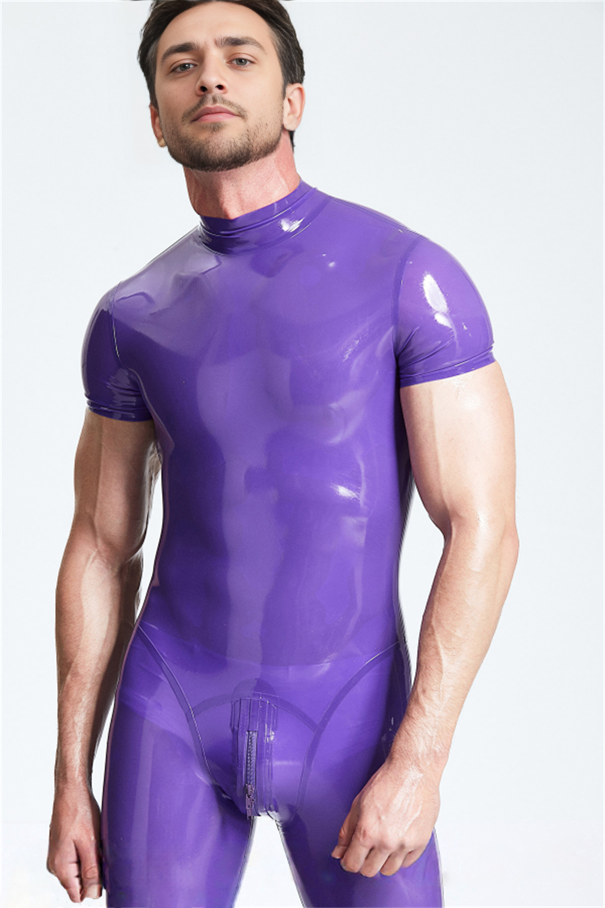 Latex Men’s Catsuit with Short Sleeves and Through-Crotch Zip – Purple