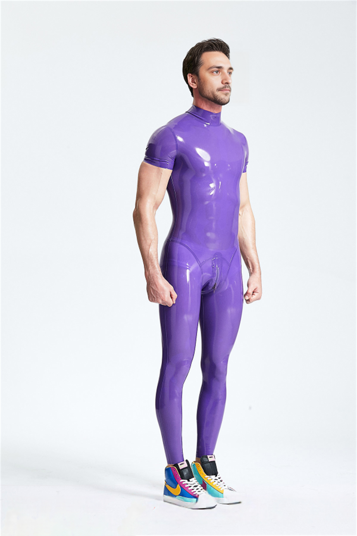 Latex Men’s Catsuit with Short Sleeves and Through-Crotch Zip – Purple