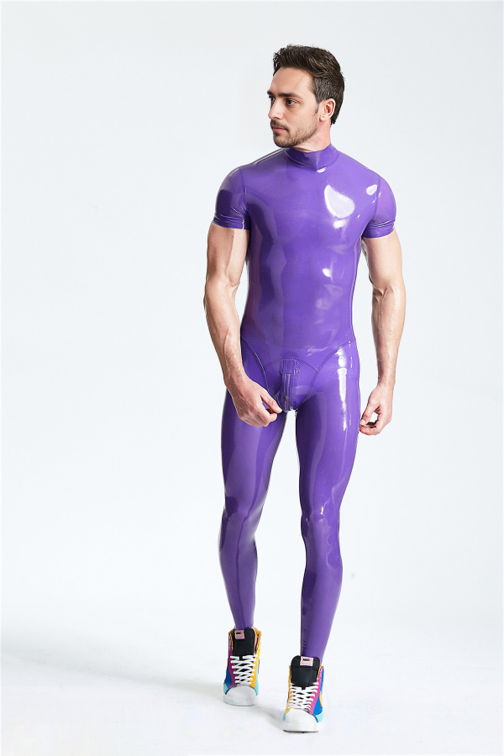 Latex Men’s Catsuit with Short Sleeves and Through-Crotch Zip – Purple