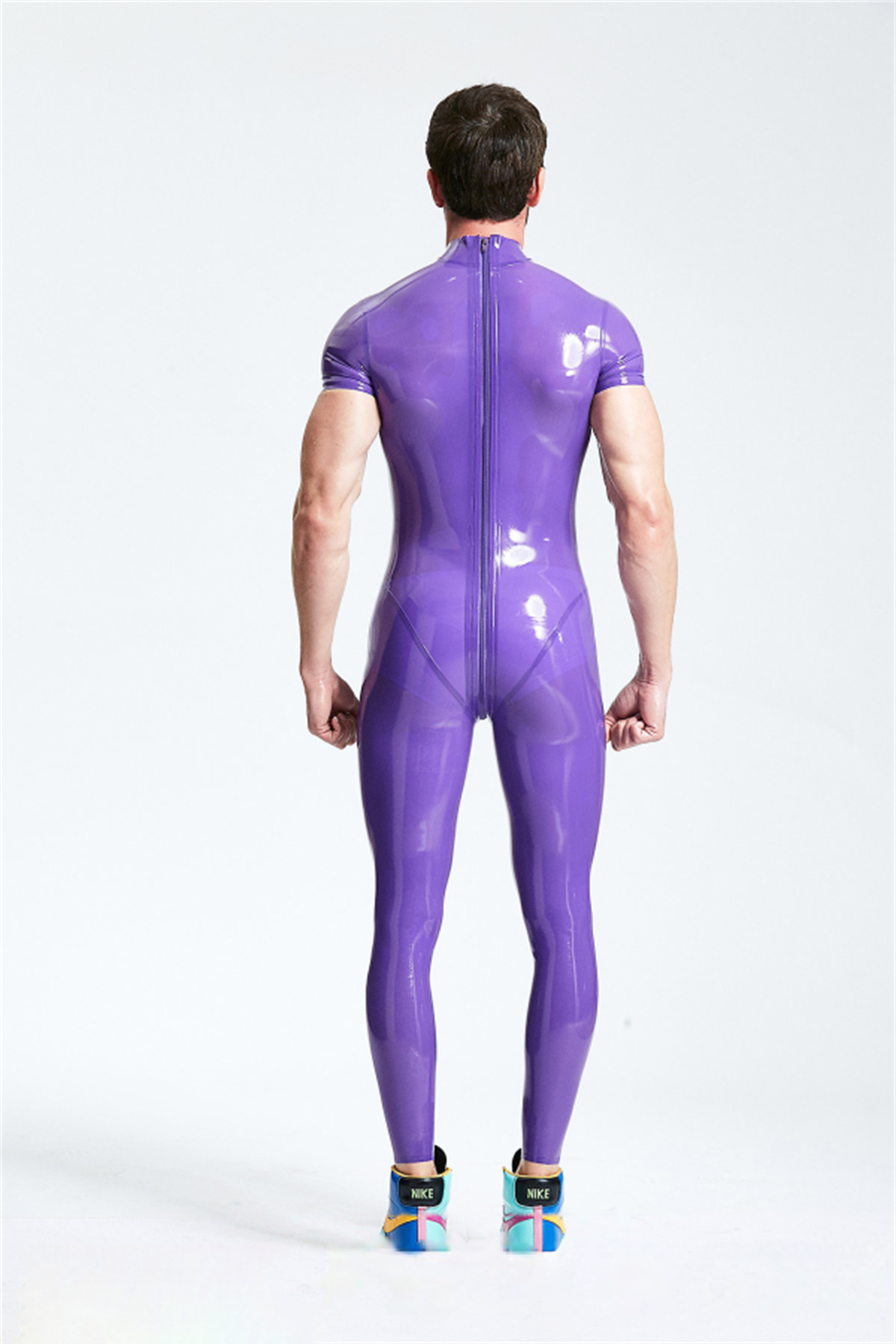 Latex Men’s Catsuit with Short Sleeves and Through-Crotch Zip – Purple