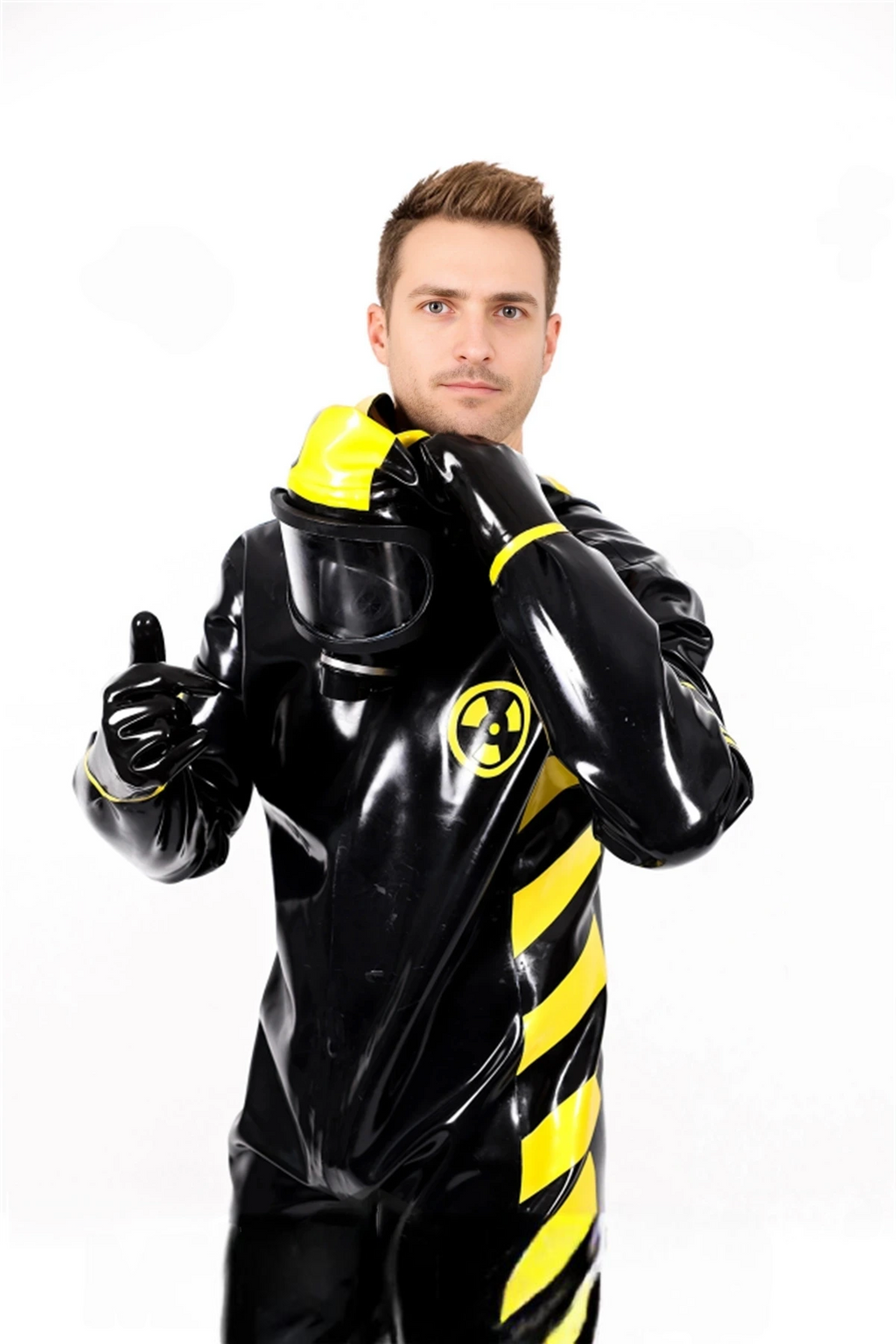 Latex Biohazard Haz-Mat Style Full Suit with Hood, Gloves and Feet – Black and Yellow