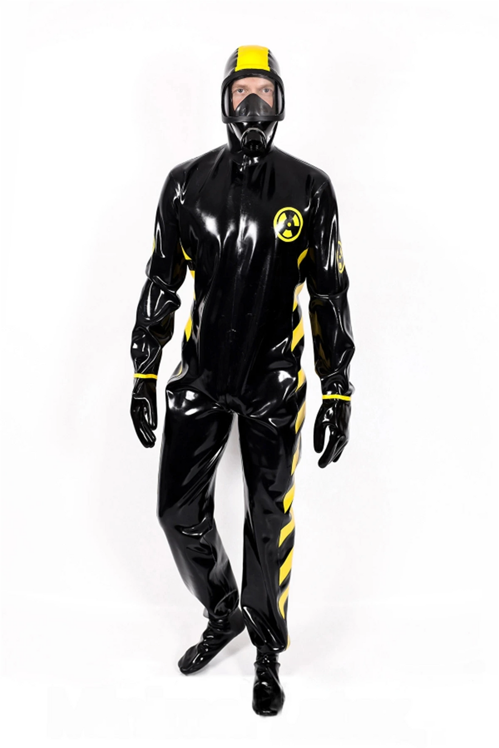 Latex Biohazard Haz-Mat Style Full Suit with Hood, Gloves and Feet – Black and Yellow