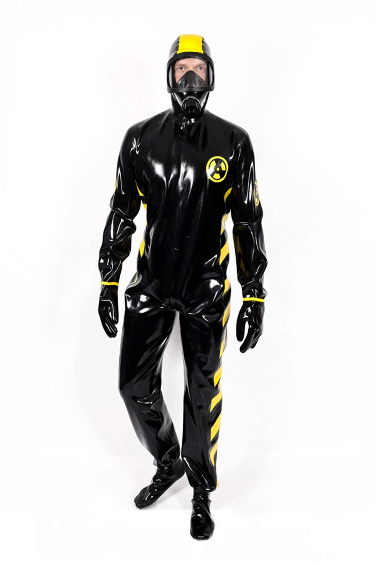 Latex Biohazard Haz-Mat Style Full Suit with Hood, Gloves and Feet – Black and Yellow