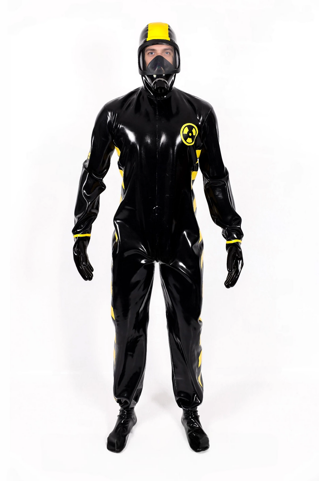 Latex Biohazard Haz-Mat Style Full Suit with Hood, Gloves and Feet – Black and Yellow
