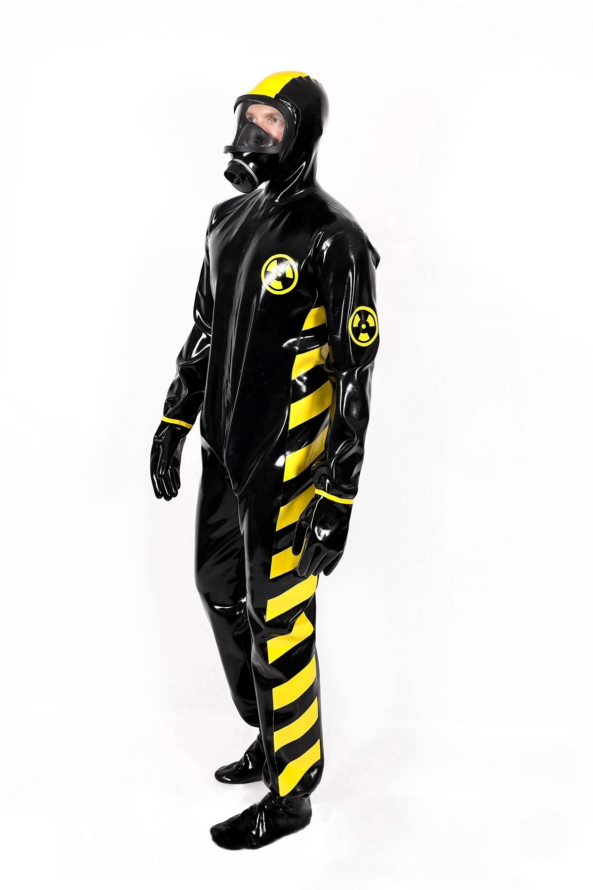 Latex Biohazard Haz-Mat Style Full Suit with Hood, Gloves and Feet – Black and Yellow