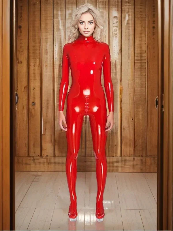 Latex Catsuit with Cups and Closed Feet – High-Gloss Red Women's Latex Catsuit