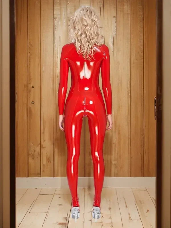 Latex Catsuit with Cups and Closed Feet – High-Gloss Red Women's Latex Catsuit