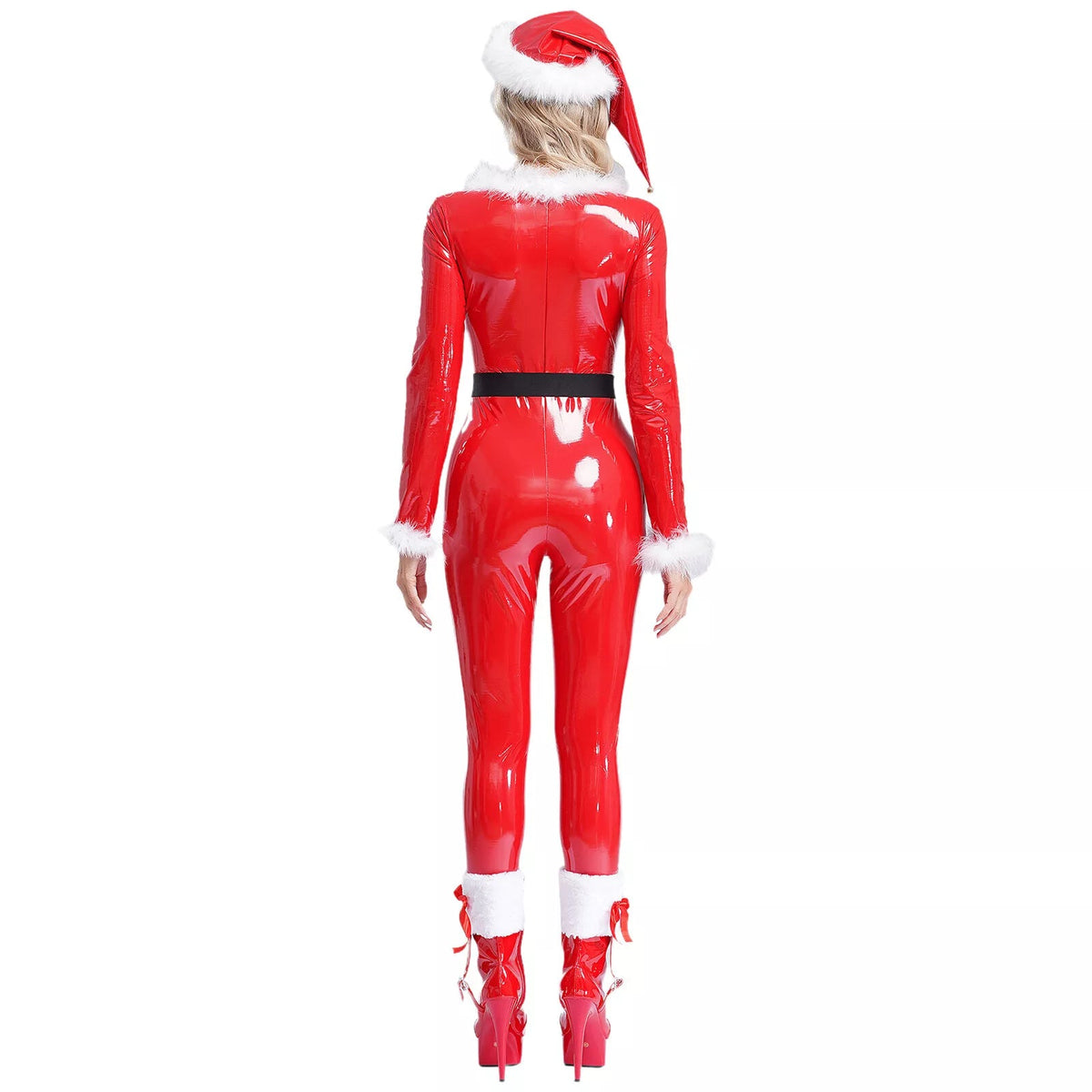 Red Latex Christmas Catsuit with Faux Fur Trim