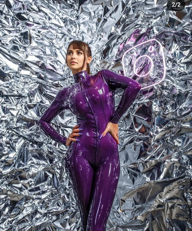Latex High-Neck Catsuit – Transparent Purple