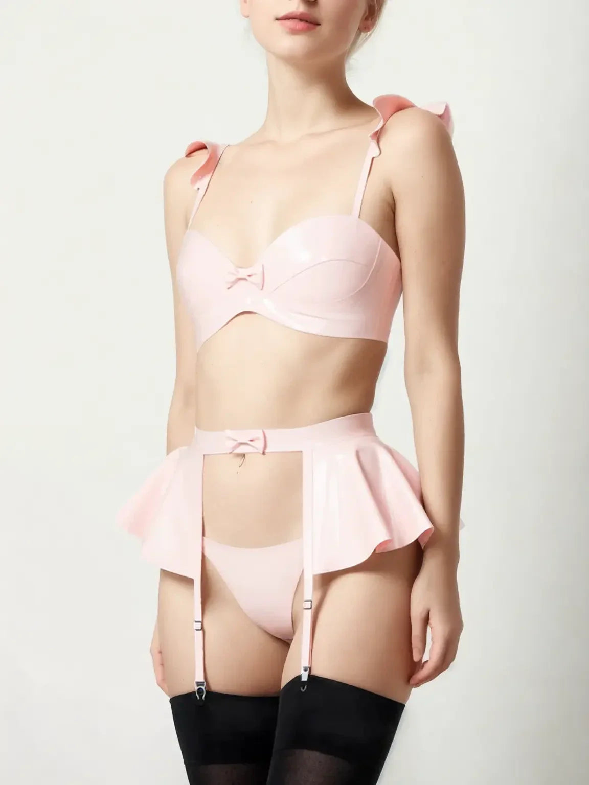 Latex Lingerie Three-Piece Set with Peplum Garter Belt and Bow Details – Blush Pink