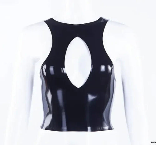 Black Latex Cutout Crop Top with High Gloss Finish