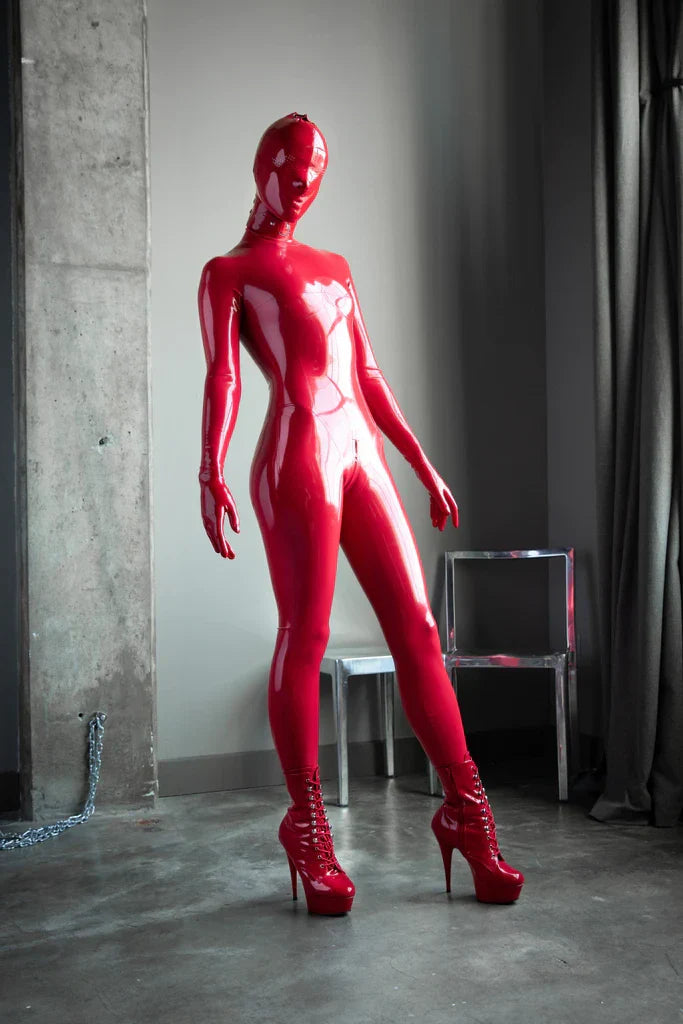 Latex Catsuit with Enclosed Hood – Red