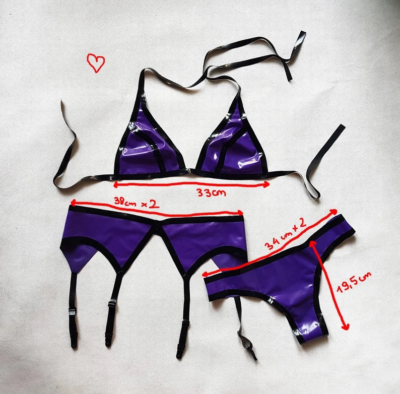 Latex Triangle Bra and Garter Belt Set – Purple and Black