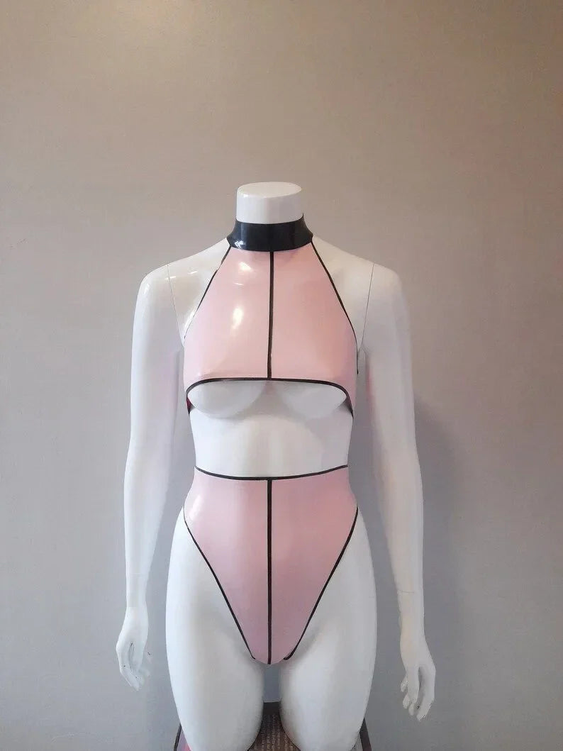 Latex Halter Crop Top and High-Cut Thong Set with Geometric Black Trim – Pink