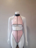 Latex Halter Crop Top and High-Cut Thong Set with Geometric Black Trim – Pink