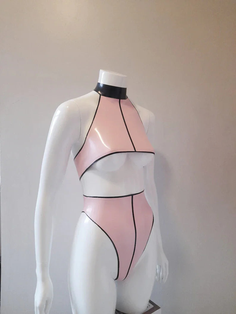 Latex Halter Crop Top and High-Cut Thong Set with Geometric Black Trim – Pink