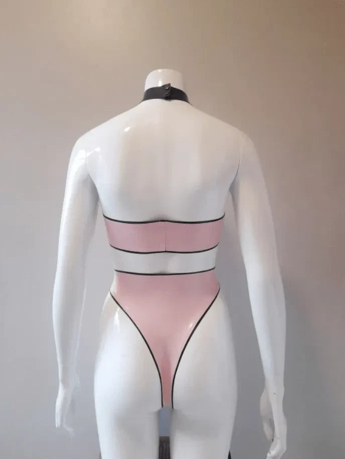 Latex Halter Crop Top and High-Cut Thong Set with Geometric Black Trim – Pink