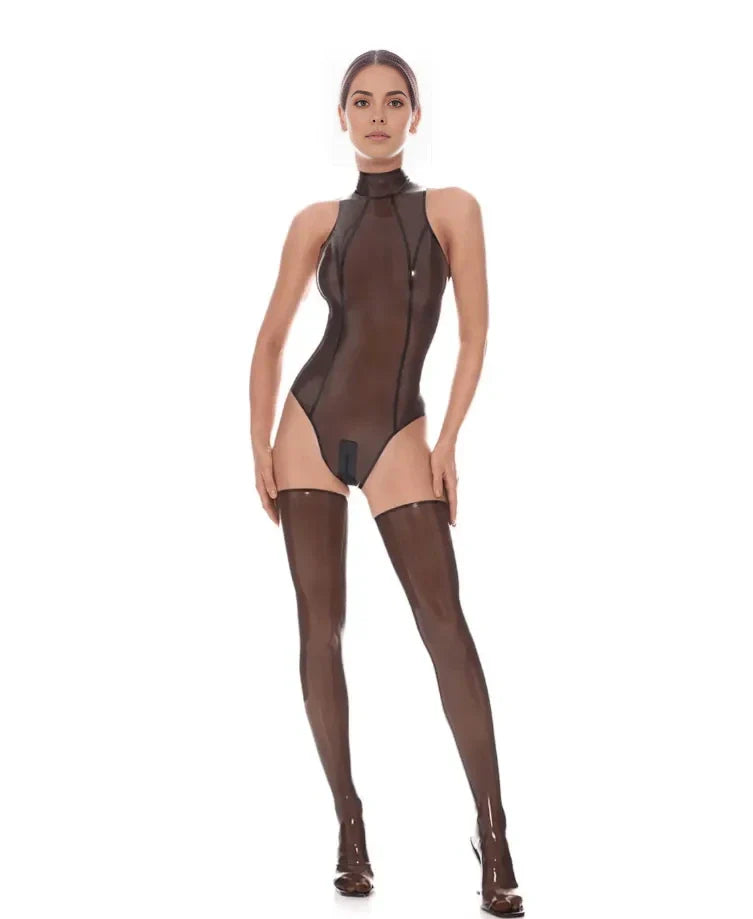 Sheer Latex High Collar Bodysuit – Black