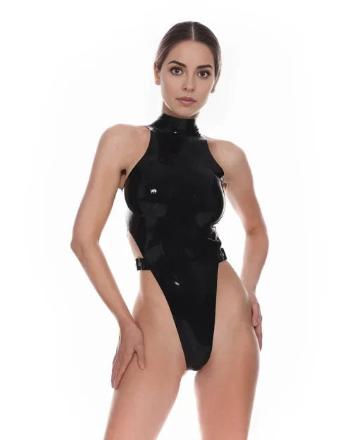 Black High-Cut Latex Bodysuit with Side Buckles