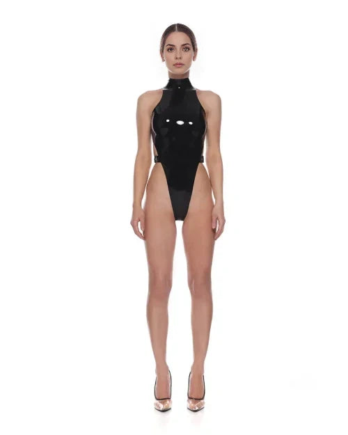 Black High-Cut Latex Bodysuit with Side Buckles