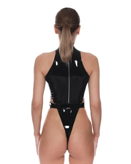 Black High-Cut Latex Bodysuit with Side Buckles