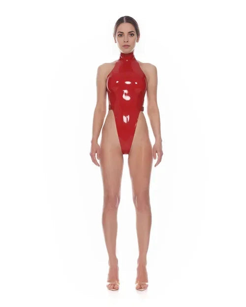 Latex High-Cut Bodysuit with Open Sides – Red