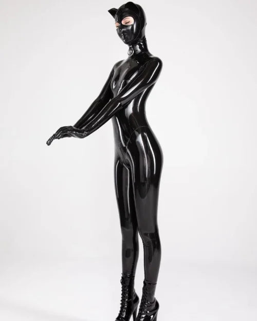 Full-Body Latex Catsuit with Cat-Ear Hood