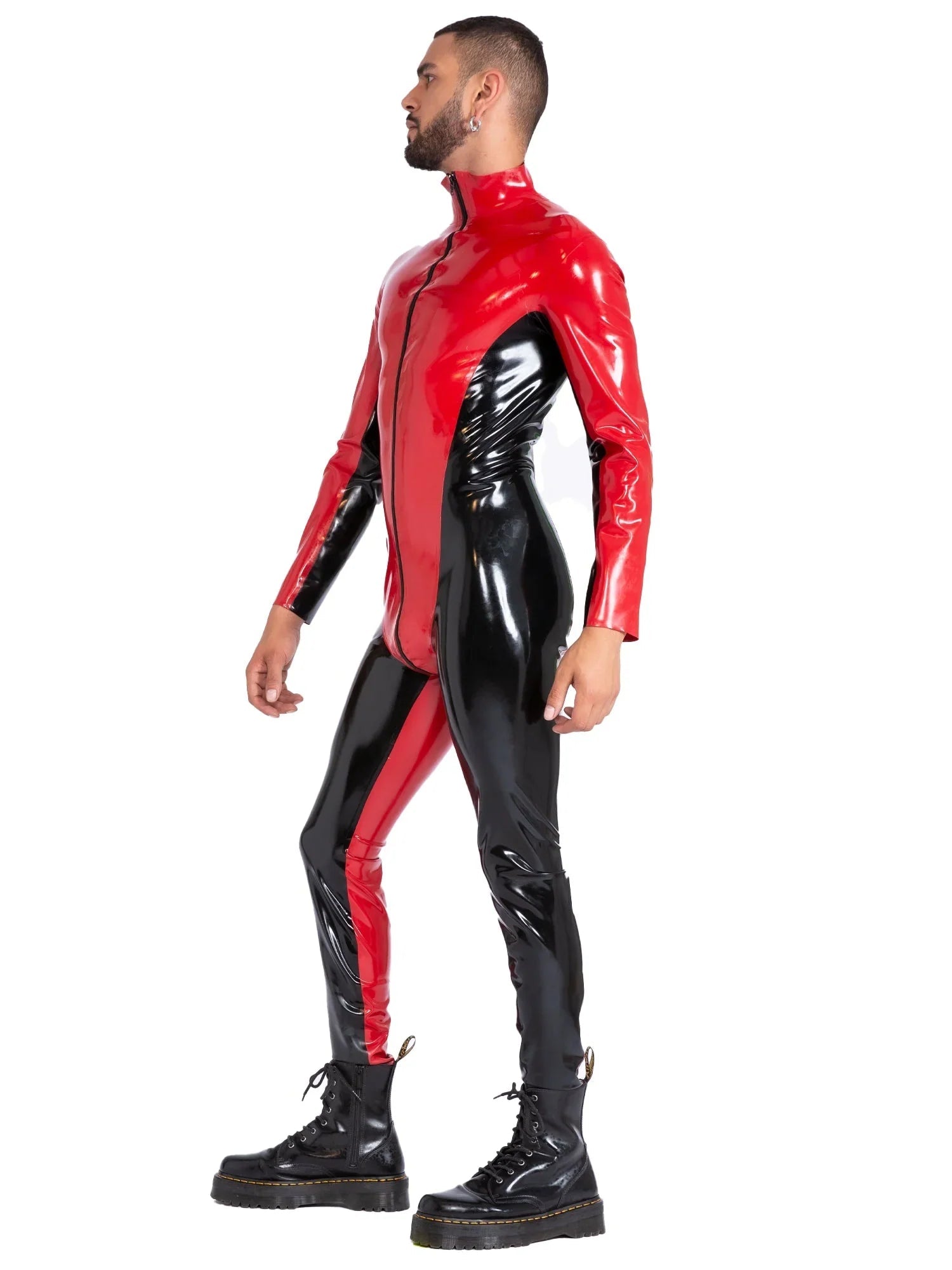 Latex Men's Catsuit with Front Zip – Red and Black