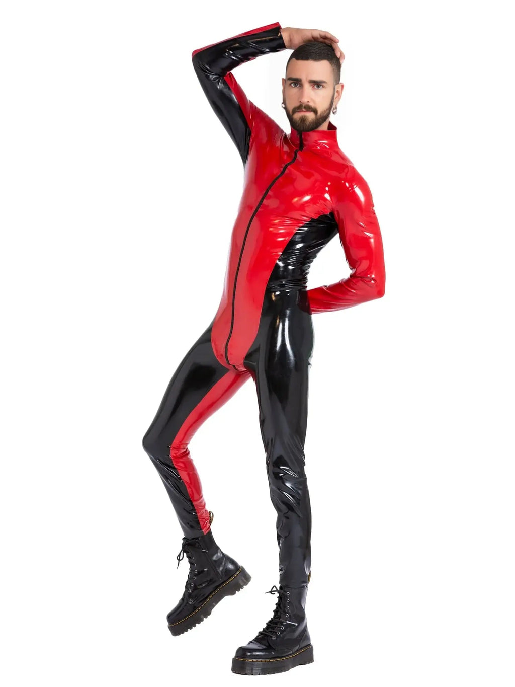 Latex Men's Catsuit with Front Zip – Red and Black