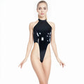 Black Latex High-Cut Halter Bodysuit