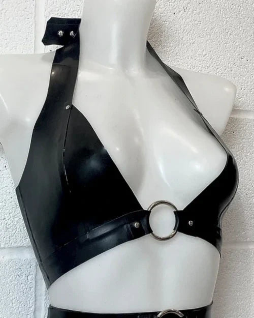 Latex Halter Triangle Bra with O-Ring Centre Detail