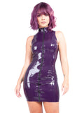 Latex Sleeveless High-Neck Mini Dress with Front Zip – Purple