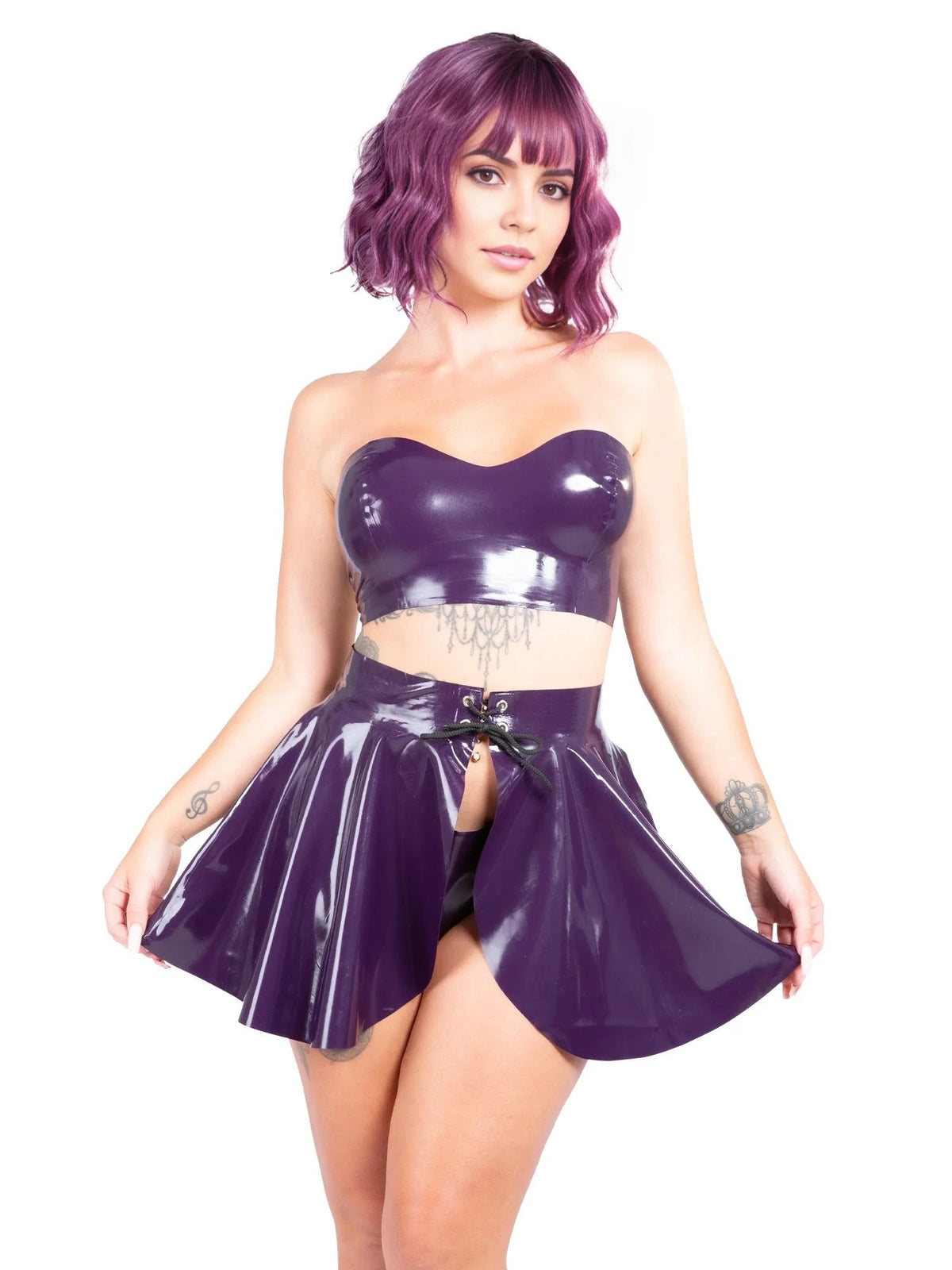 Latex Flared Mini Skirt with Open Front and Lace-Up Detail – Purple