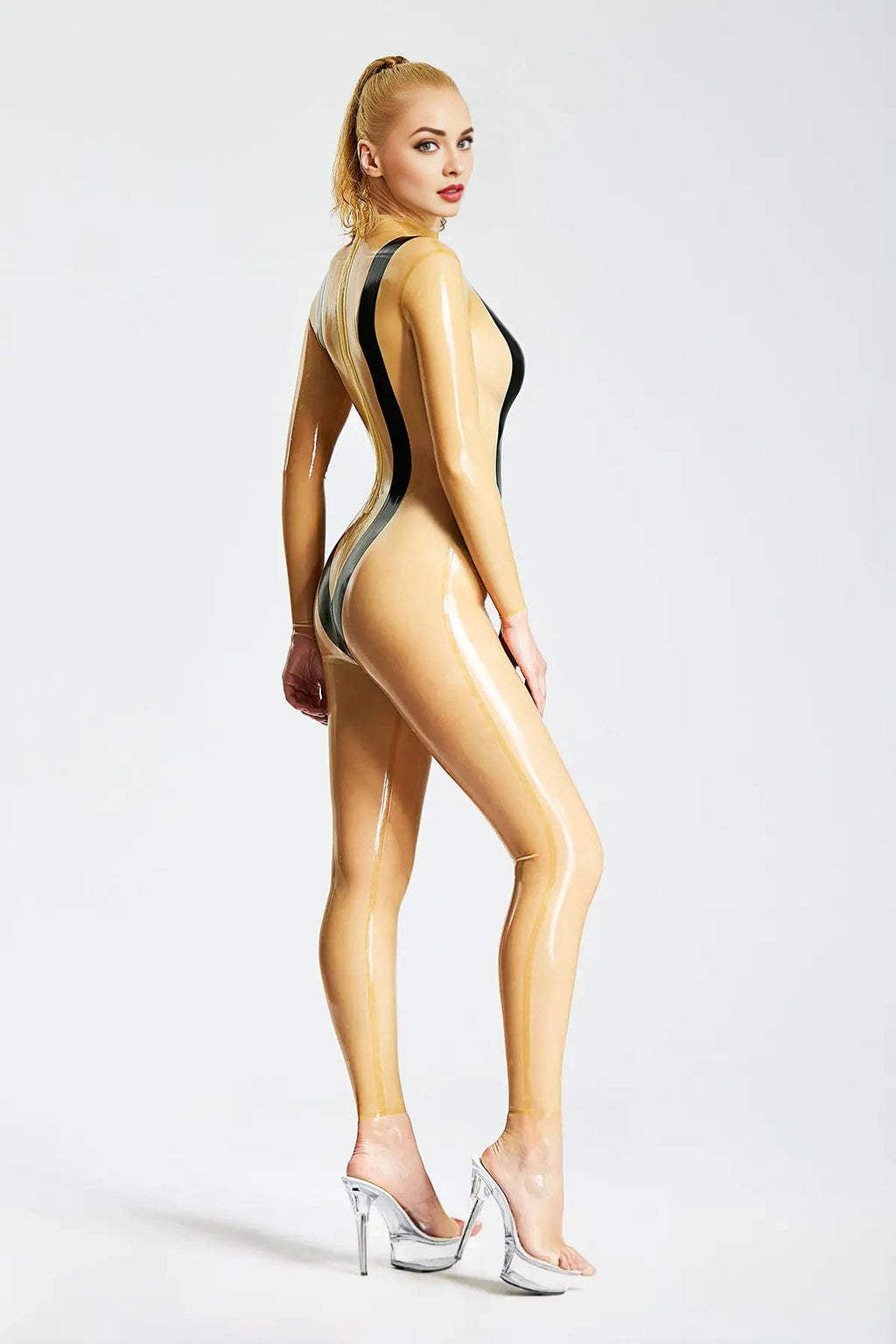 'Vivi' Latex Catsuit with High Collar and Contrast Trim