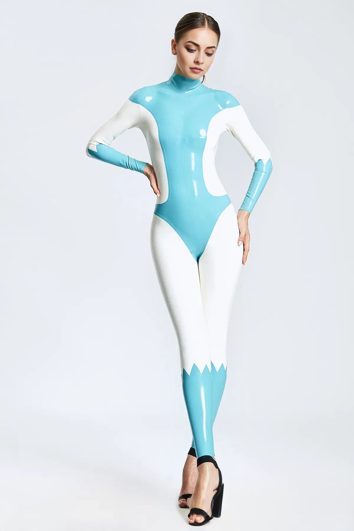 Blue Arrow Latex Catsuit — White & Light Blue