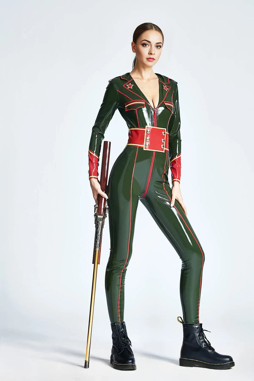 'Riflewoman of China' Latex Military Catsuit – Olive Green with Red and Yellow Trim