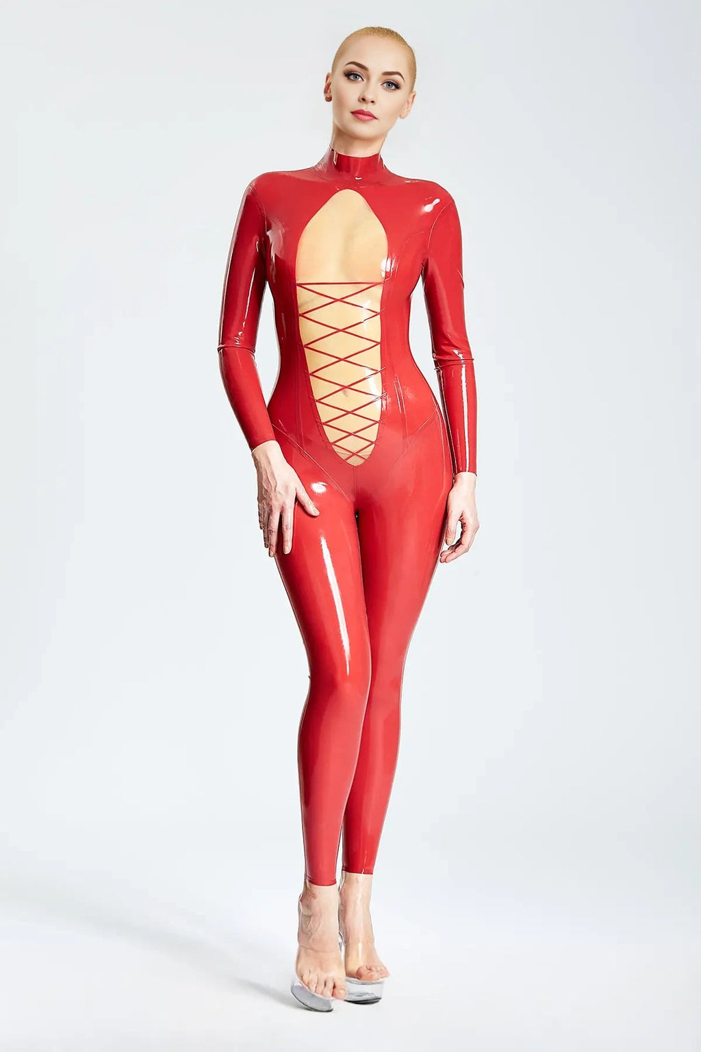 Revelation Latex Catsuit with Translucent Panel and Zig-Zag Lacing – Red and Natural
