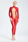 Revelation Latex Catsuit with Translucent Panel and Zig-Zag Lacing – Red and Natural