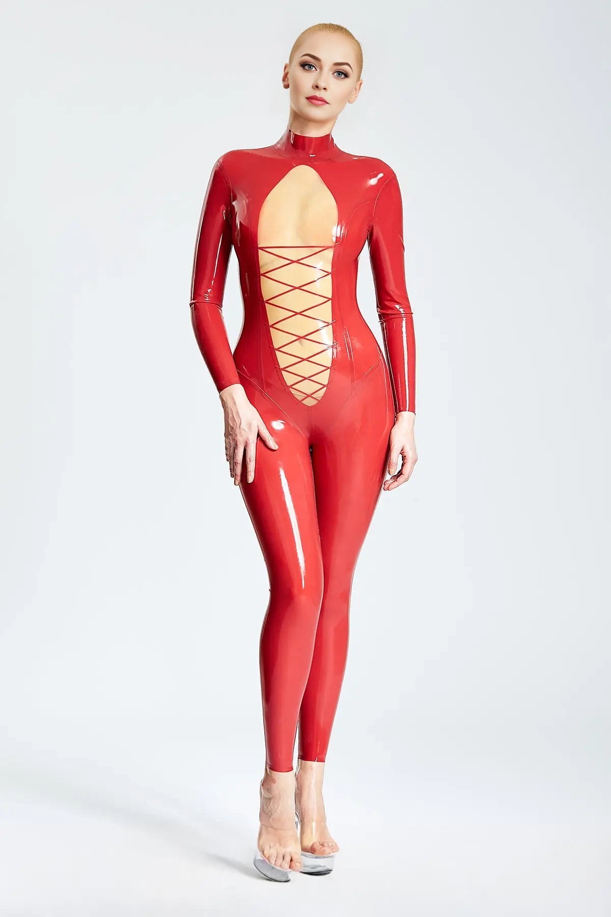 Revelation Latex Catsuit with Translucent Panel and Zig-Zag Lacing – Red and Natural