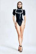 'Parlourmaid' Latex Maid-Style Leotard with Puff Sleeves and Bib Frill – Black and White