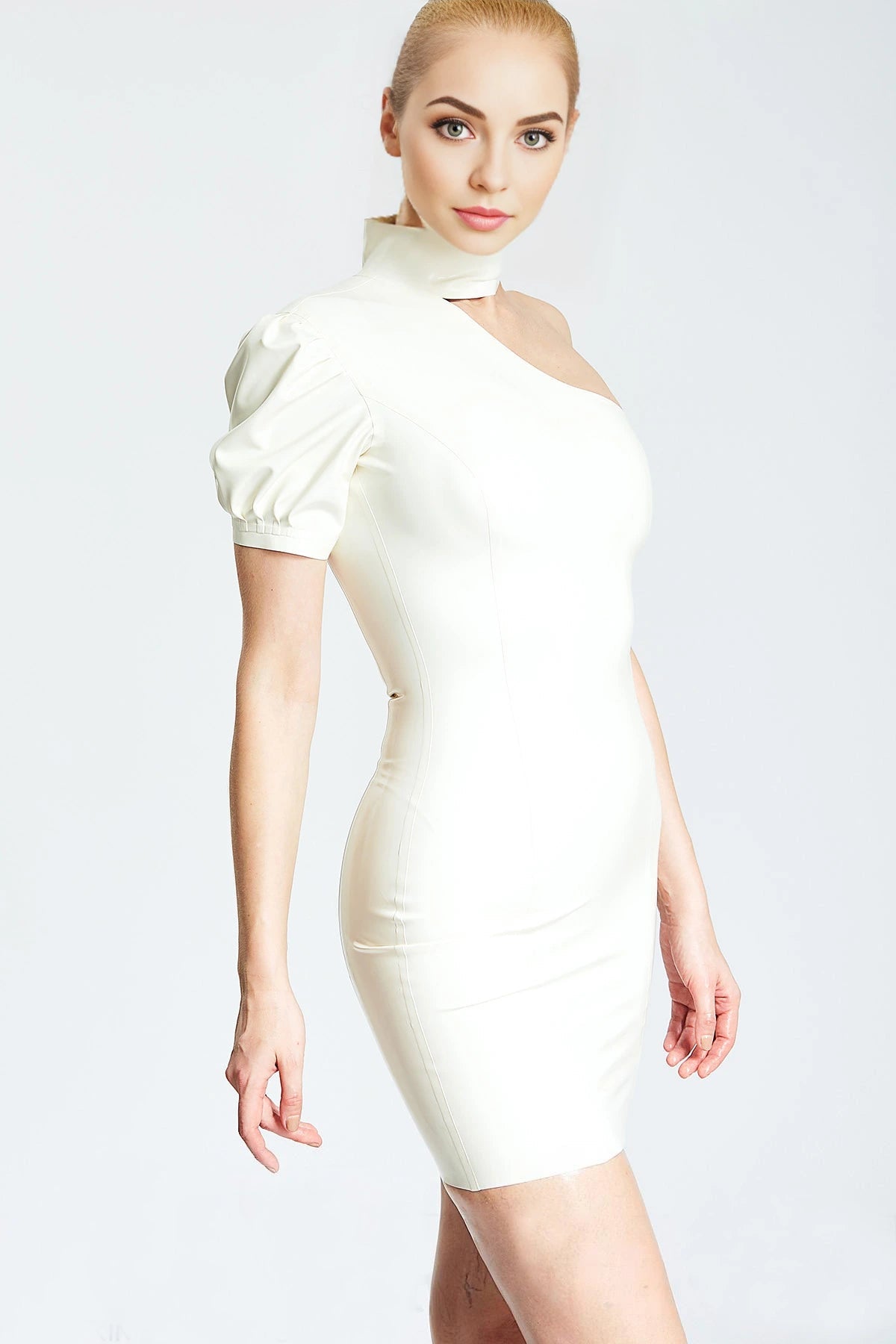 Alicia Asymmetric One-Shoulder Latex Mini Dress — White