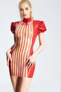 'Vera' Latex Vertical Stripes Micro Dress with Puff Sleeves
