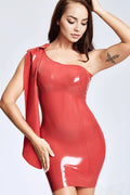 Latex Mini Ball Dress with Slanted Sleeve and Shoulder Scarf