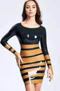 Latex Water Wave Stripe Mini Dress with Fingerless Gauntlets